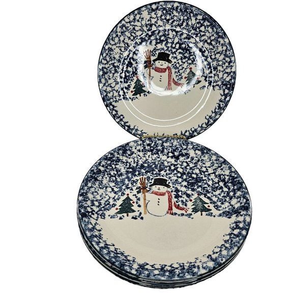 Vintage Folk Craft Sponge Tienshan Snowman Dinner Plate Set of 4 Blue Christmas - Picture 1 of 10